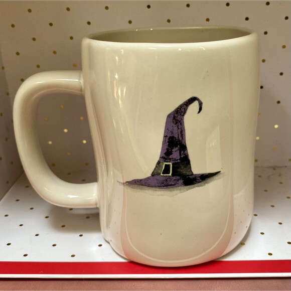 Rae Dunn CACKLE WITH DELIGHT White Coffee Mug Double Sided Witch Hat Halloween - Picture 2 of 10